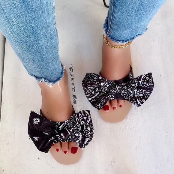 Black Bandana Bow Slides Sandals - Picture 8 of 9